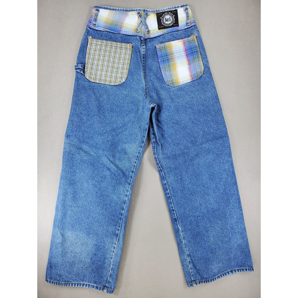 l.e.i. Jeans Women M Blue Plaid Patchwork Wide Leg Carpenter Y2K Vintage USA